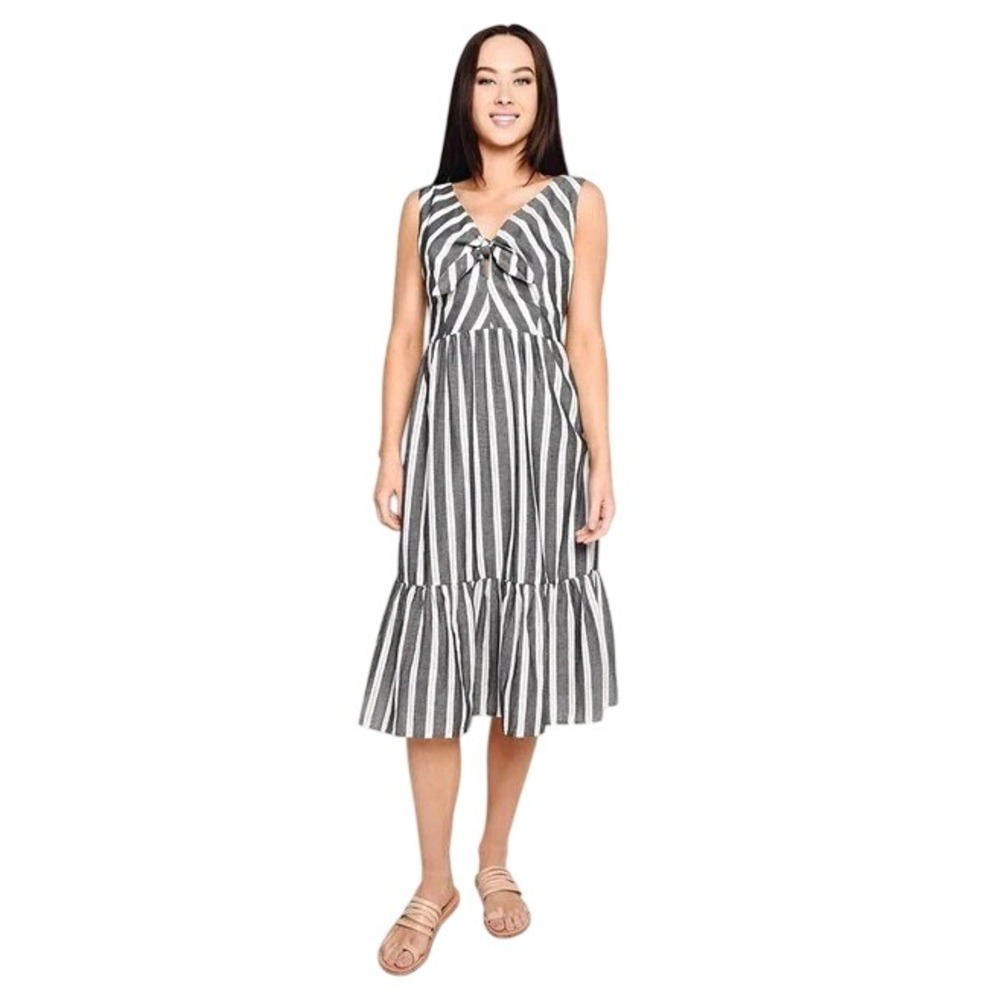Heartloom Striped Cotton Tie Front Ruffle Midi Dress Grey White‎ Size Small